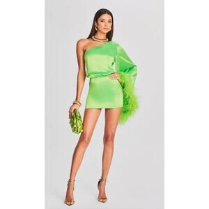 Retrofete Allegra Mini Dress in Lime Punch Green Size Small One Sleeve Feathers